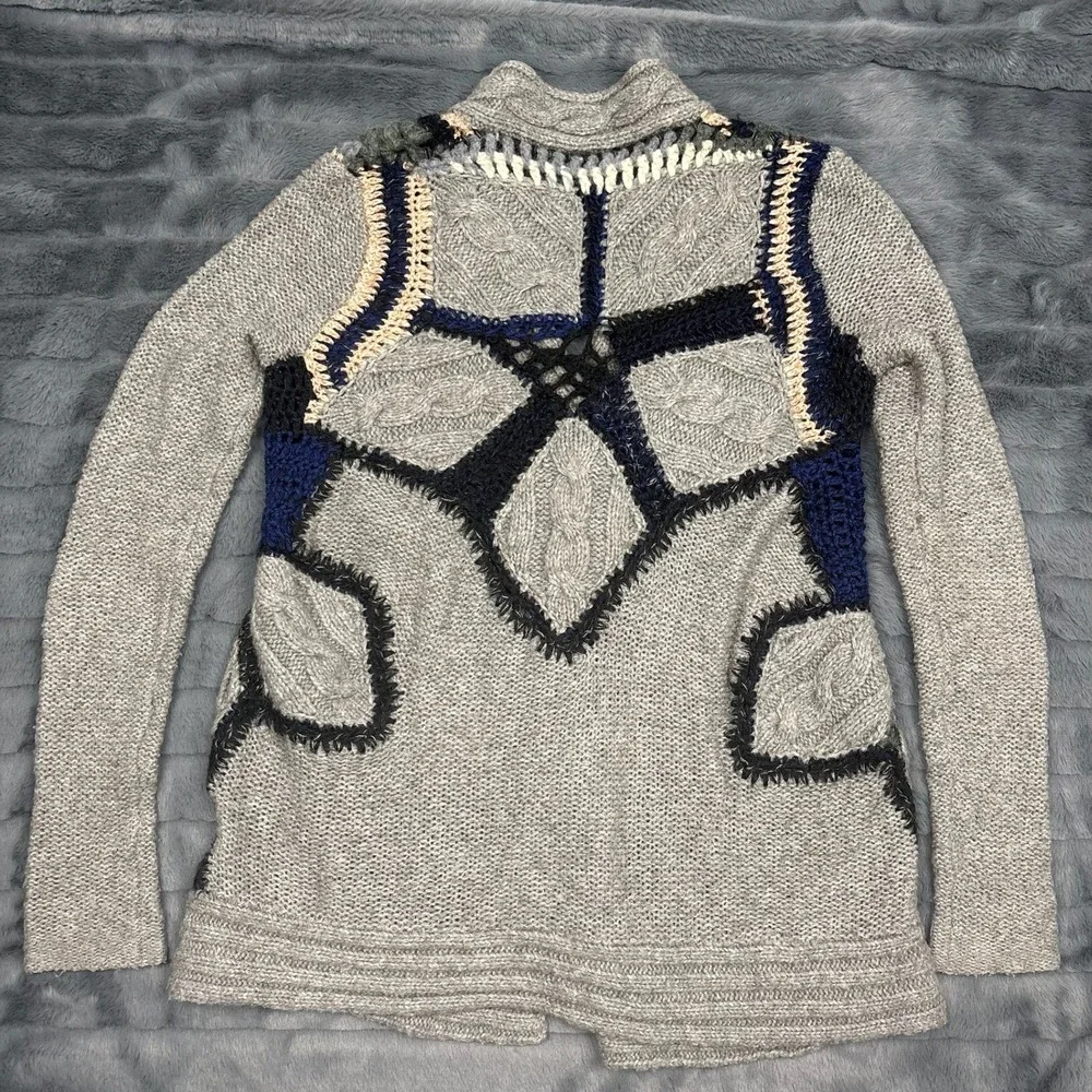 Free People Patchwork Mixed Knit Cardigan Sweater Grey Navy Wool Mohair XS